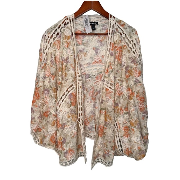 Torrid Crochet Lace Inset Kimono 100% Cotton Size 1X/2X NWT - Picture 5 of 12